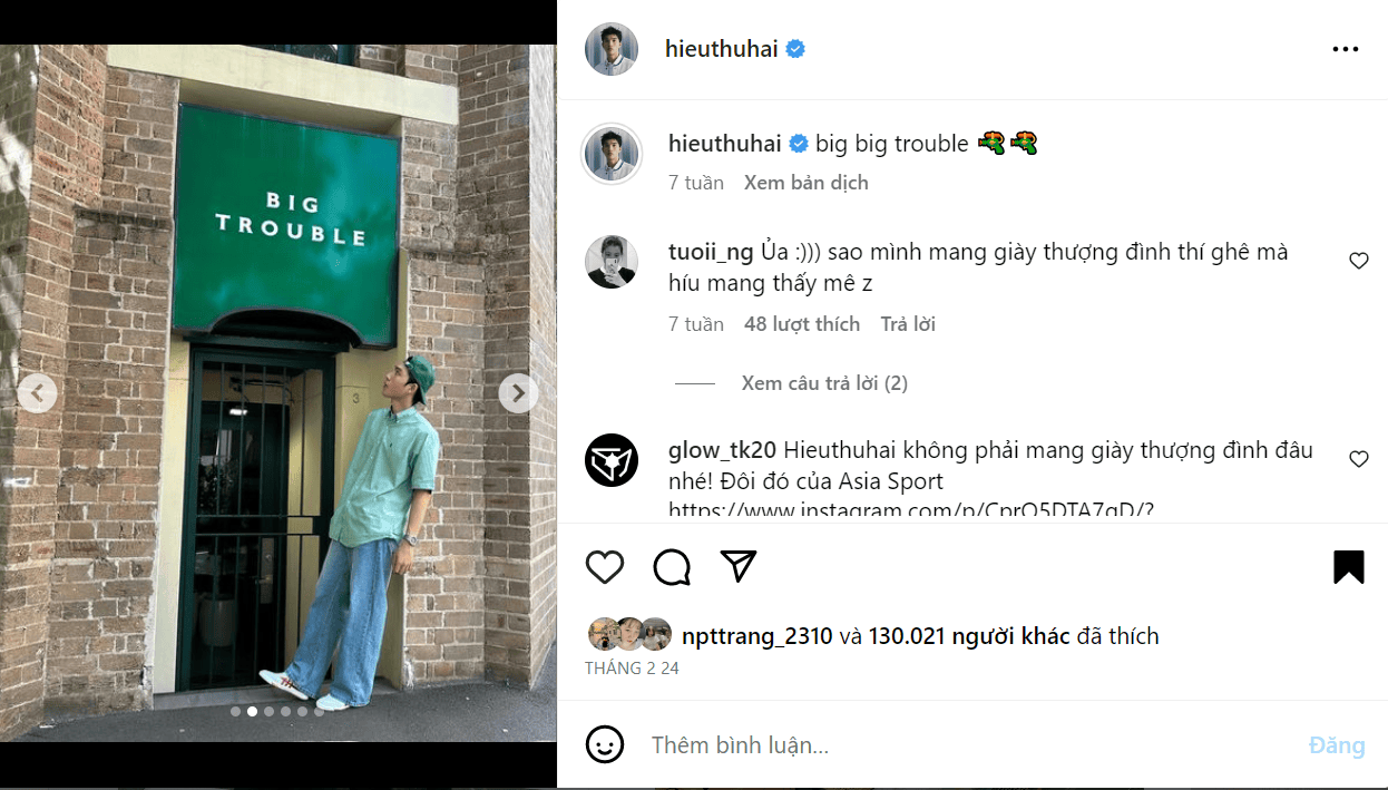HIEUTHUHAI mang giày Asia đăng tải trên trang cá nhân